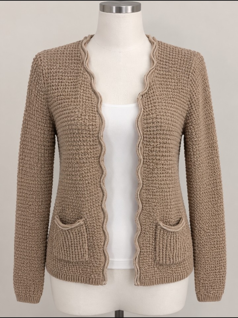 Jennifer Lopez Waffle Knit Open Cardigan in Taupe